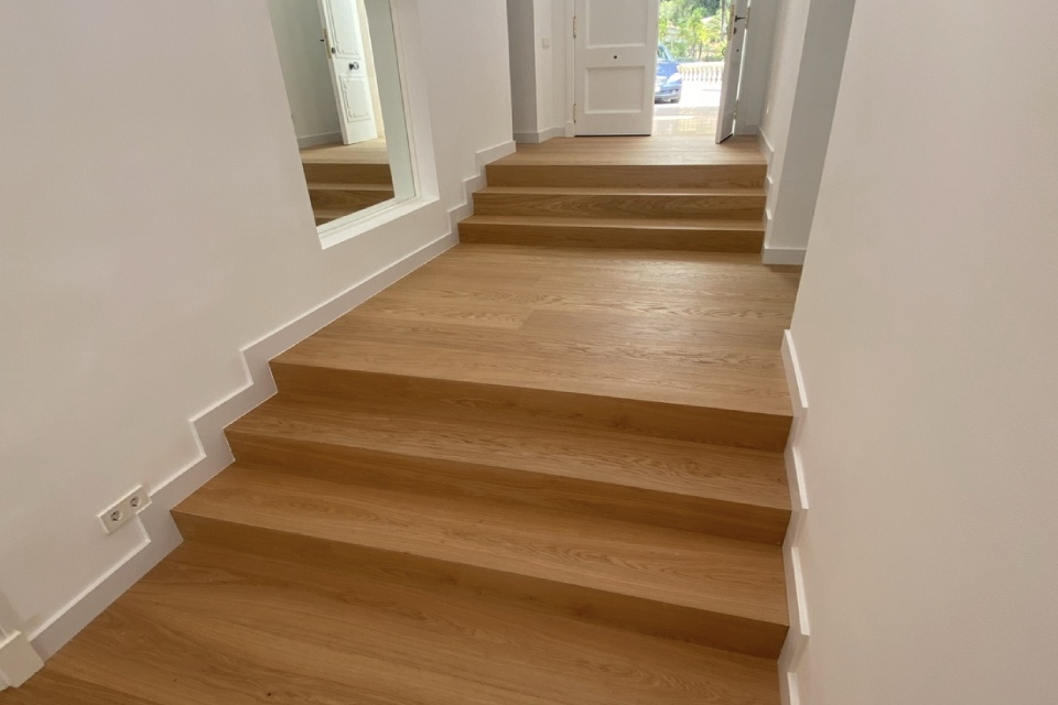 Pasillo con escaleras con madera